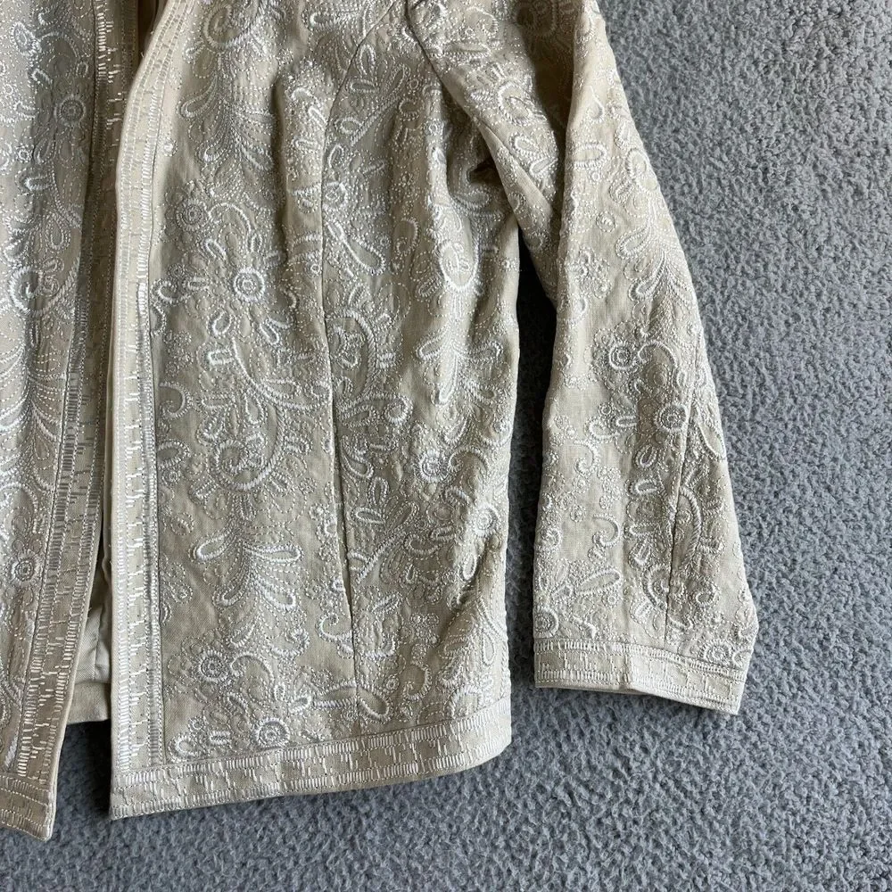 NEW Victor Costa Jacket Womens Medium Beige Blazer Linen Embroidered Floral Open